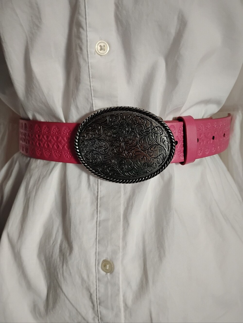Western Southwestern Country Style Pink Belt Silver Etched Buckle Size Large